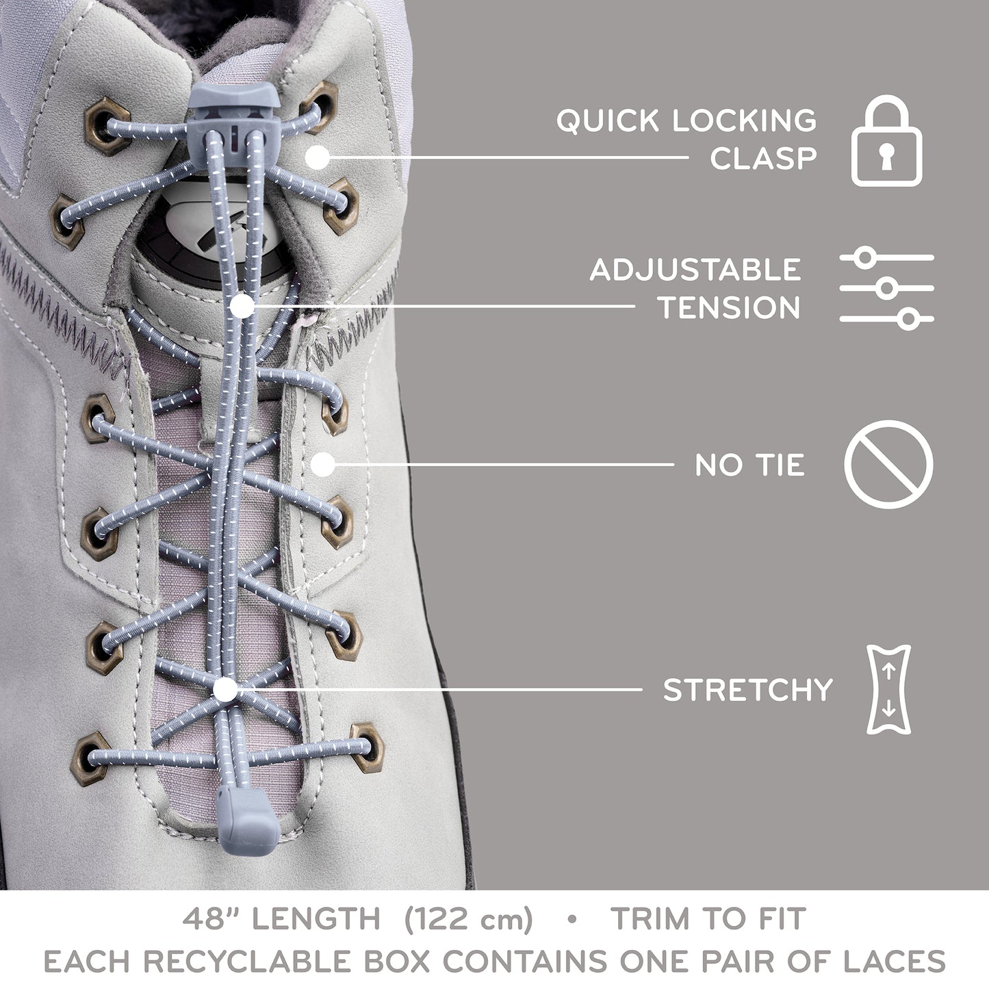 Grey Quick Lock No Tie Elastic Shoelaces