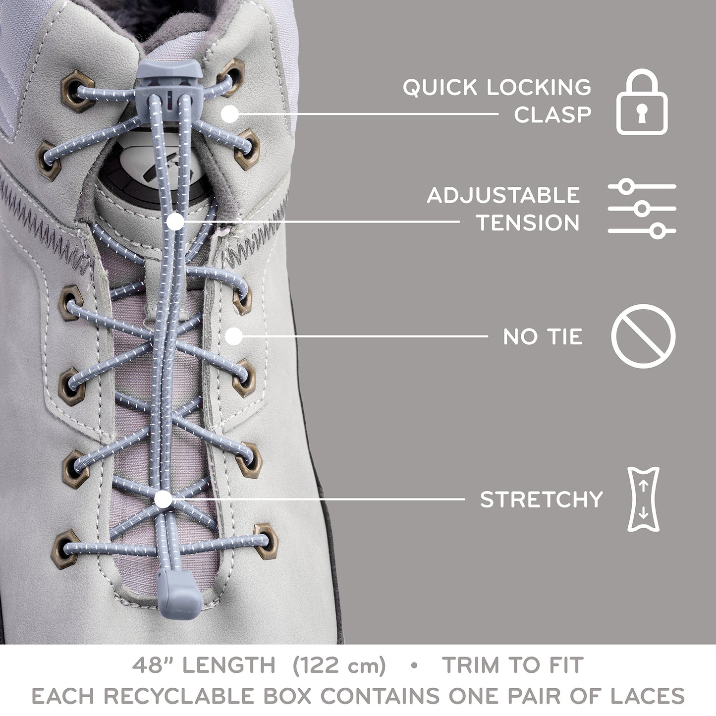 Grey Quick Lock No Tie Elastic Shoelaces