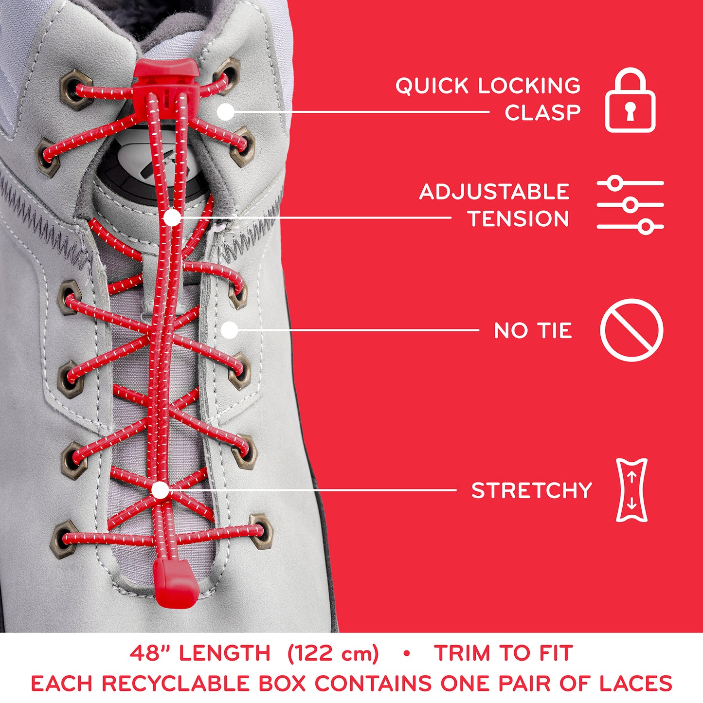 Red Quick Lock No Tie Elastic Shoelaces