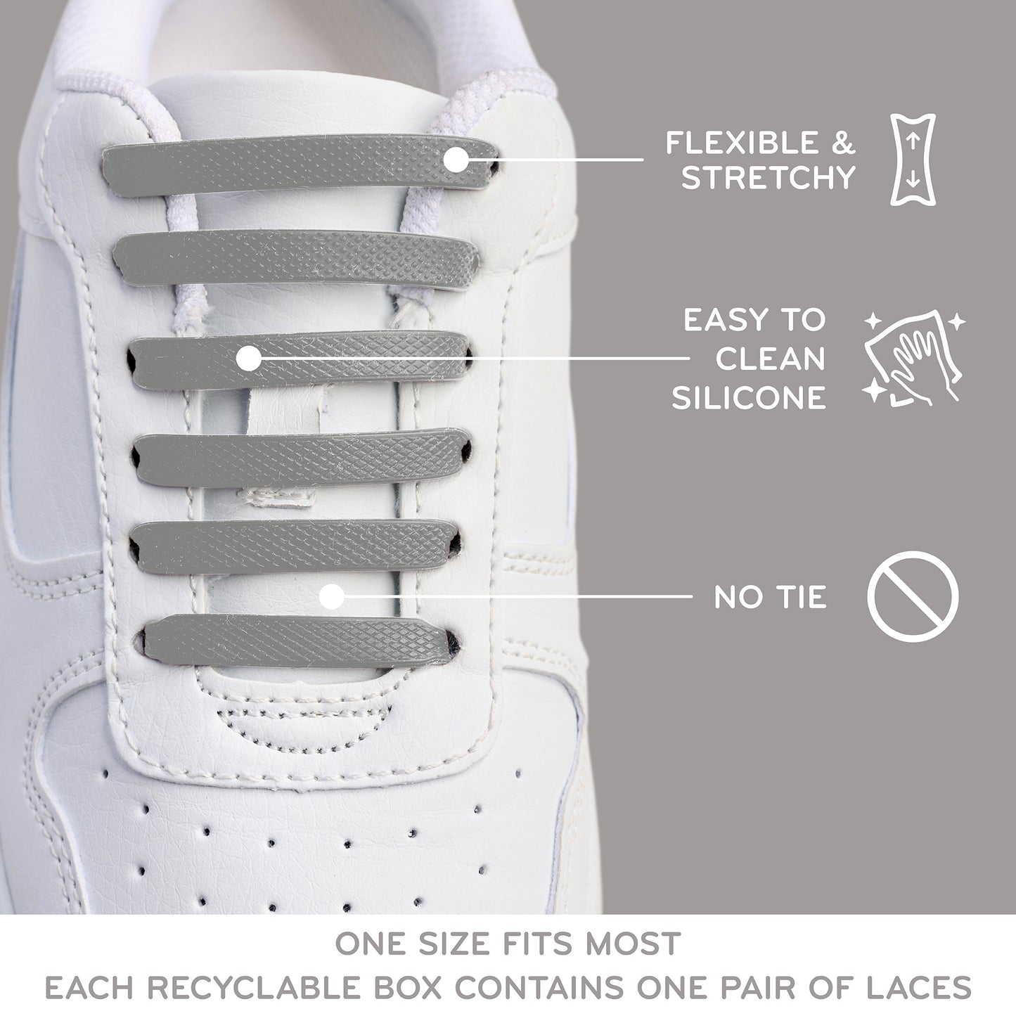 Grey Stretchy Tieless Silicone Elastic Shoelaces | 20 Straps