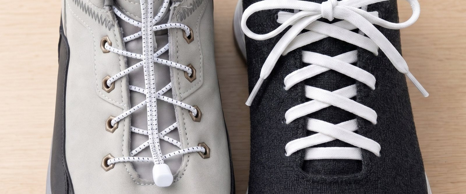 Close-up of elastic no-tie laces beside lock laces on two sneakers