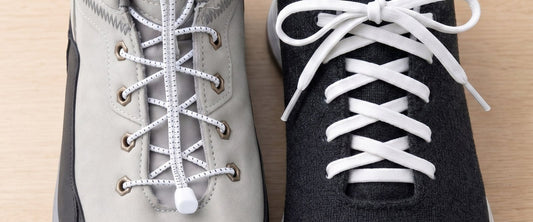 Close-up of elastic no-tie laces beside lock laces on two sneakers