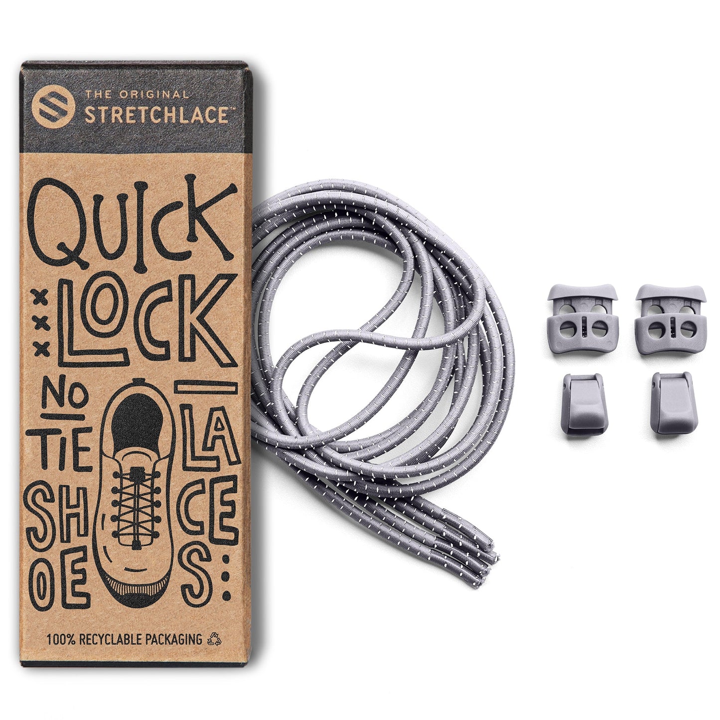 Grey Quick Lock No-Tie Elastic Shoelaces