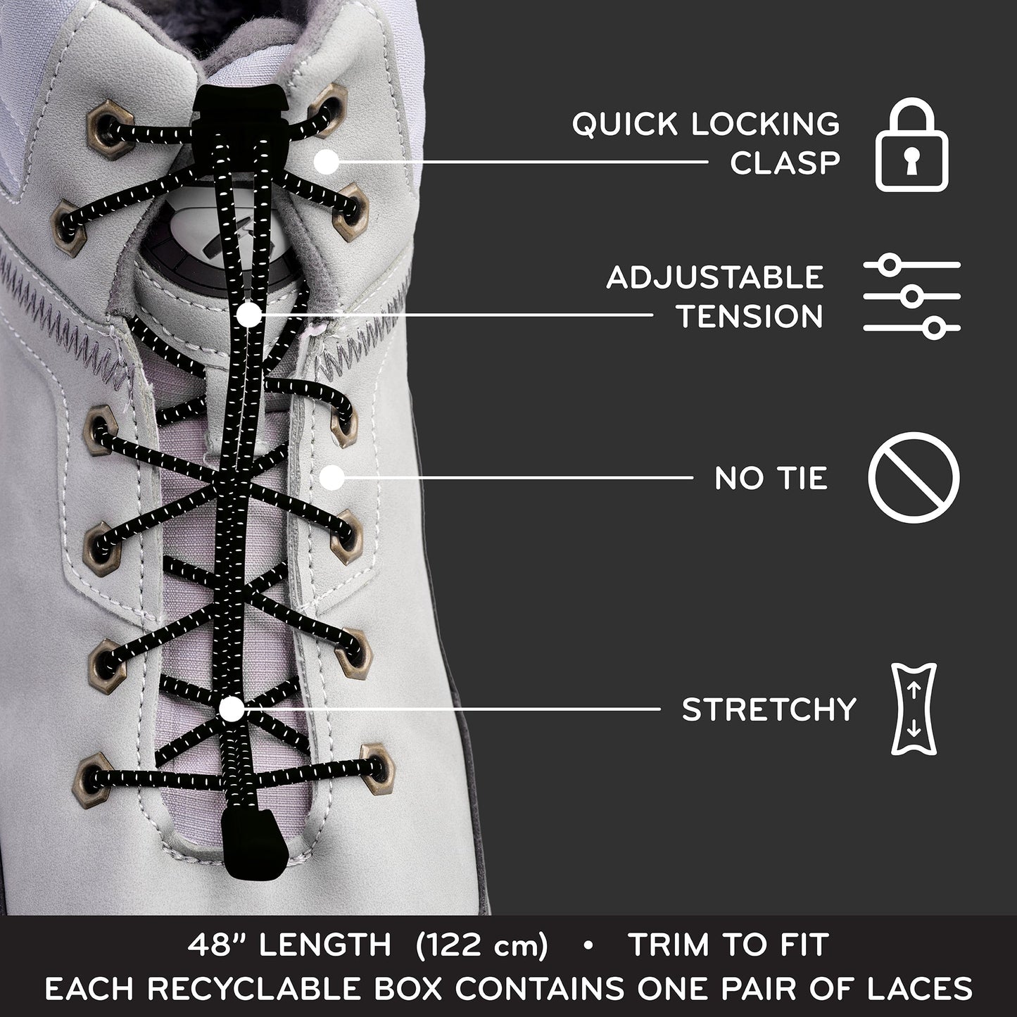 Black Quick Lock No-Tie Elastic Shoelaces — view 4