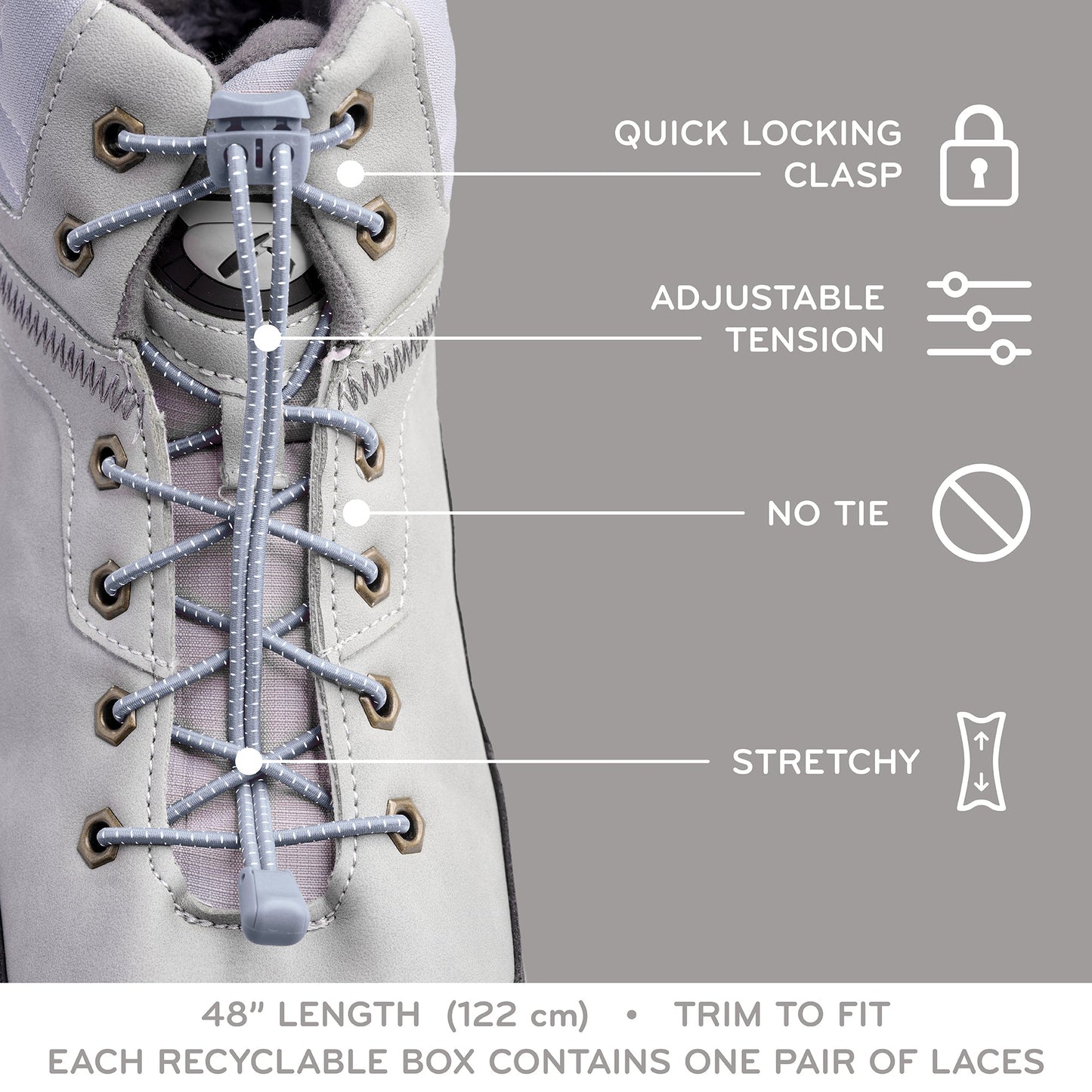 Grey Quick Lock No-Tie Elastic Shoelaces — view 4