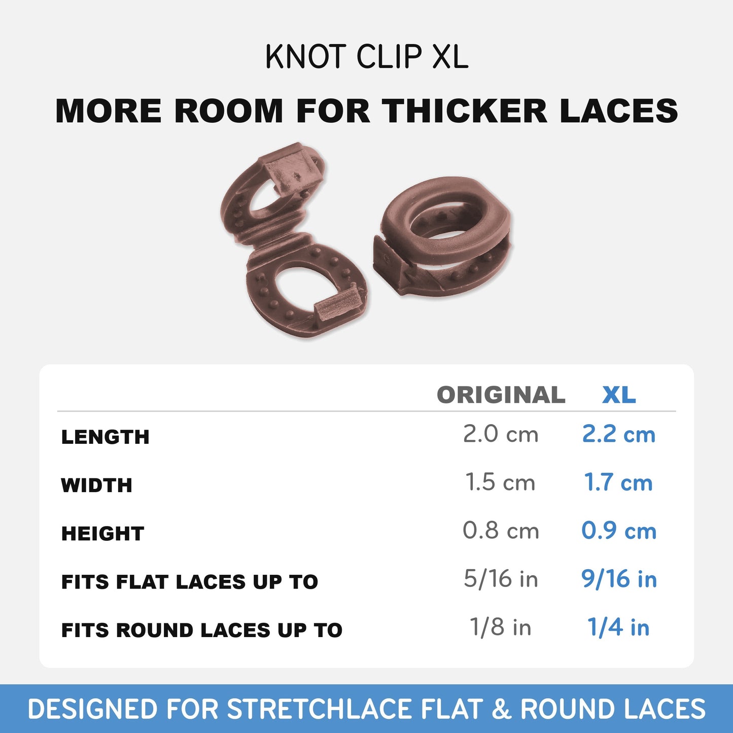 Brown Knot Bow Clips XL, size compared with the original Knot Bow Clips