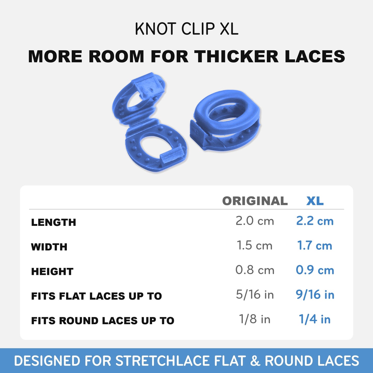 Blue Knot Bow Clips XL, size compared with the original Knot Bow Clips