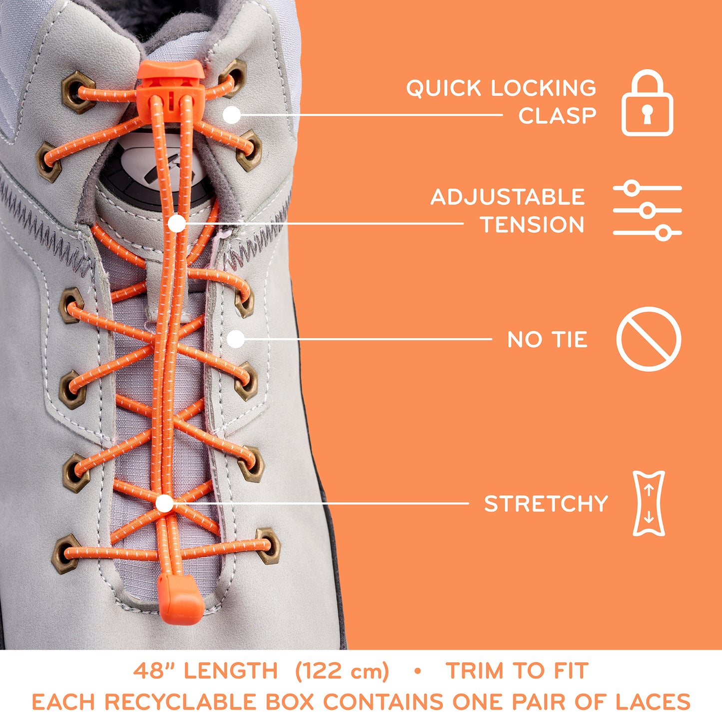 Orange Quick Lock No Tie Elastic Shoelaces