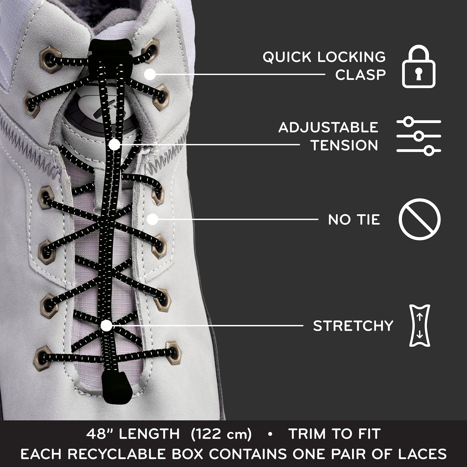 No Tie Shoelaces Elastic - Lazy Shoe Lace for Sneakers New Lock Laces Life  Hack - Black