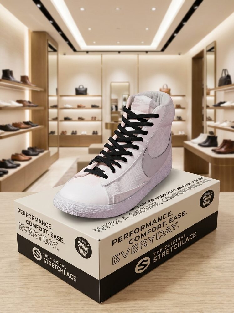 The Original Stretchlace shoe display with a laced sneaker on top